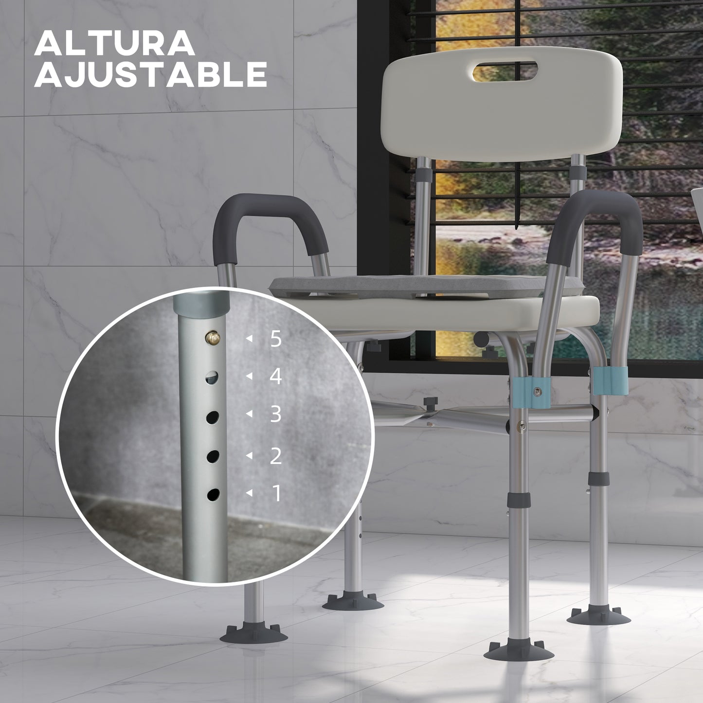 Homcom Silla Ducha Personas Mayores Con Respaldo Y Reposabrazos Gris_5