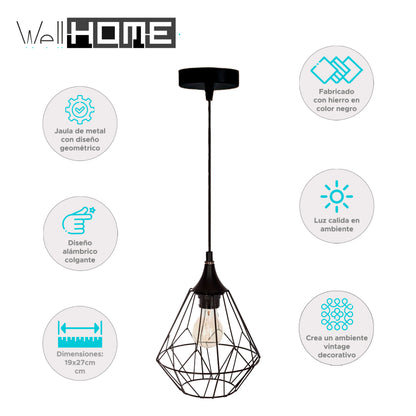 Wellhome Lámpara Techo Suspensión Metálico Negro D.19 H.27cm_1