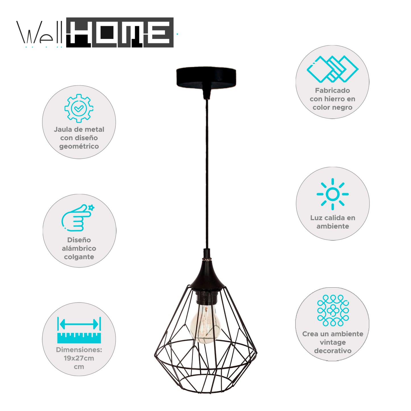 Wellhome Lámpara Techo Suspensión Metálico Negro D.19 H.27cm
