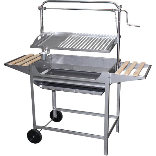 Barbacoa Inoxidable, Parrilla-Plancha, Elevador,Ruedas y Band.Laterales 124x50x140 cms.