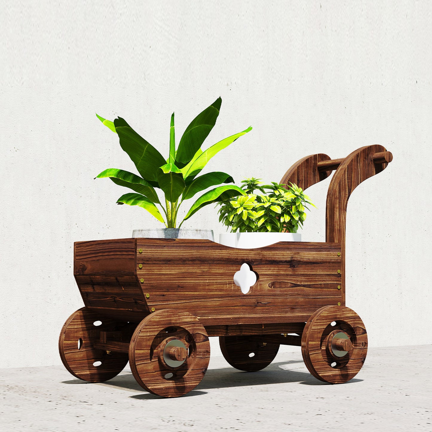 Outsunny Carretilla De Madera Decorativa Exterior Con 4 Ruedas Asa Carbonizado_3
