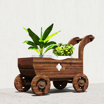 Outsunny Carretilla De Madera Decorativa Exterior Con 4 Ruedas Asa Carbonizado_3
