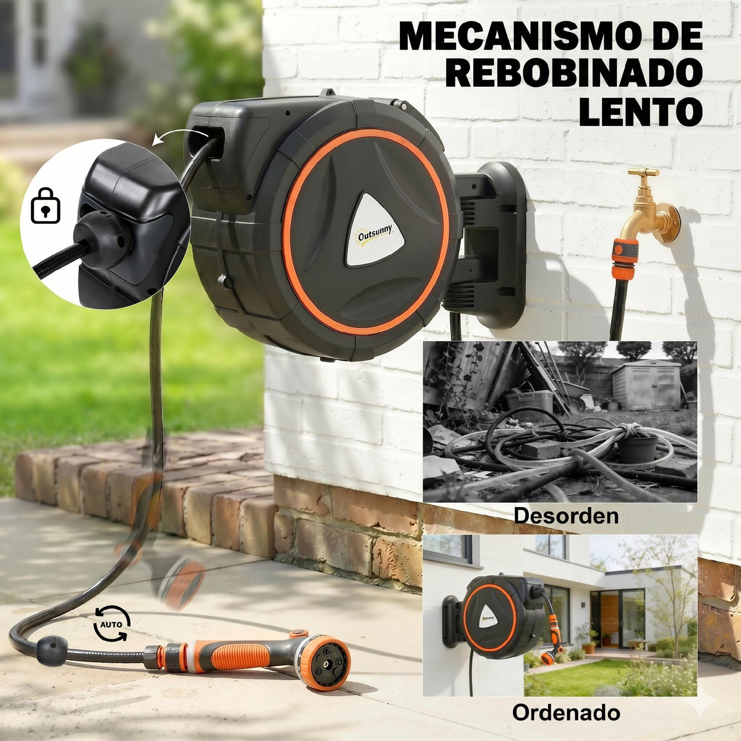 Outsunny Enrollador De Manguera Para Jardín 28+2 M Con 12 Modos De Rociado_4
