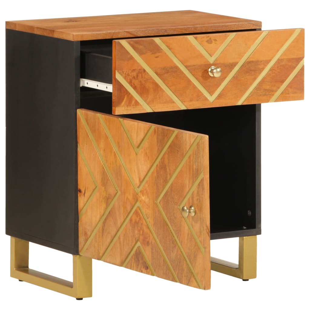Mesita De Noche Madera Maciza Mango Marrón Y Negro 50x33x60 C_1