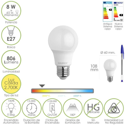 Bombilla Led Estandar Rosca E27. 8 Watt. Equivale A 65 Watt. 806 Lumenes. Luz Calida (2700º K.)
