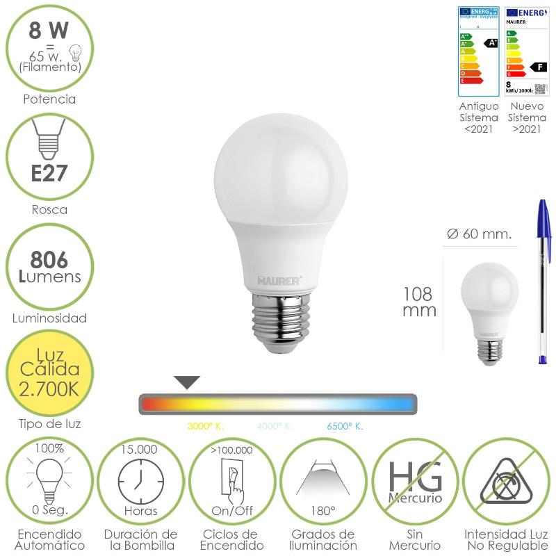 Bombilla Led Estandar Rosca E27. 8 Watt. Equivale A 65 Watt. 806 Lumenes. Luz Calida (2700º K.)_0