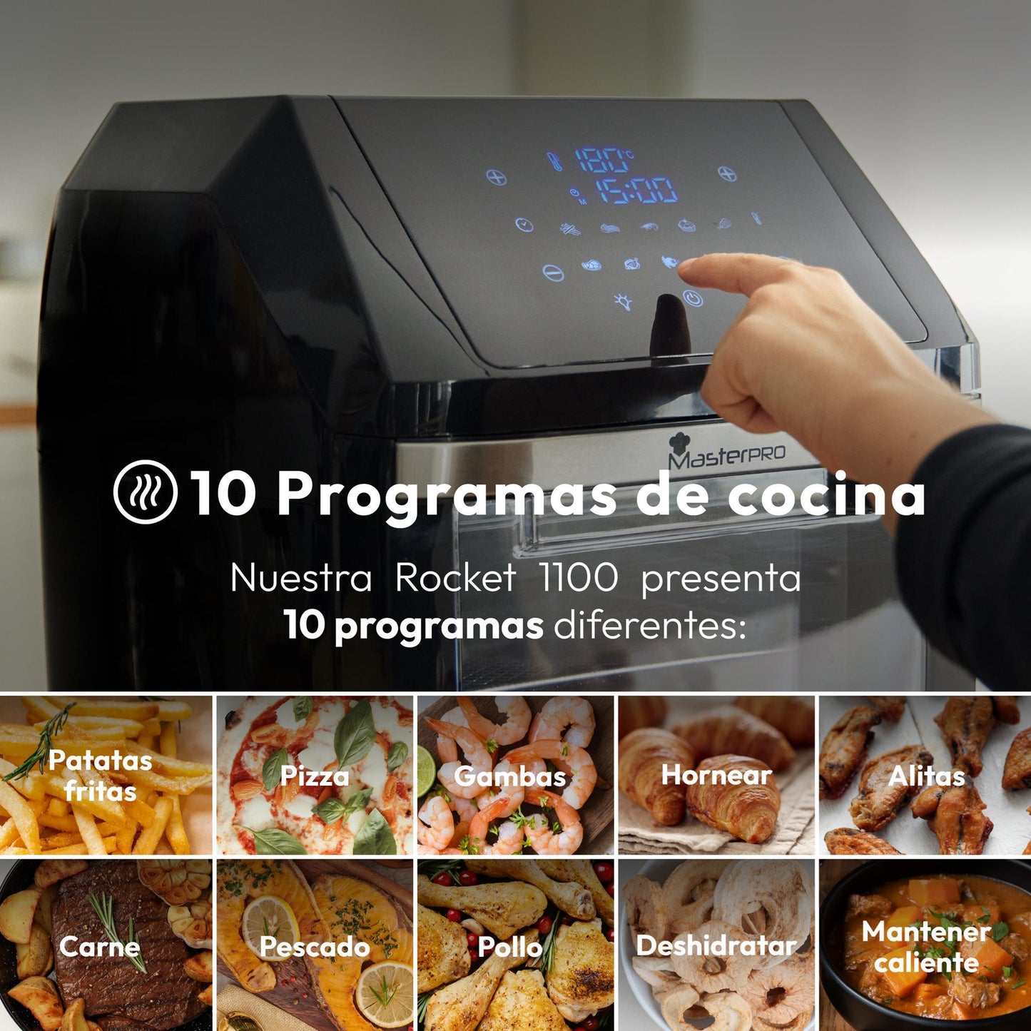 Freidora De Aire 11l Masterpro Rocket 1100 Con 10 Programas, Mini Horno Y Cesta Grill_3