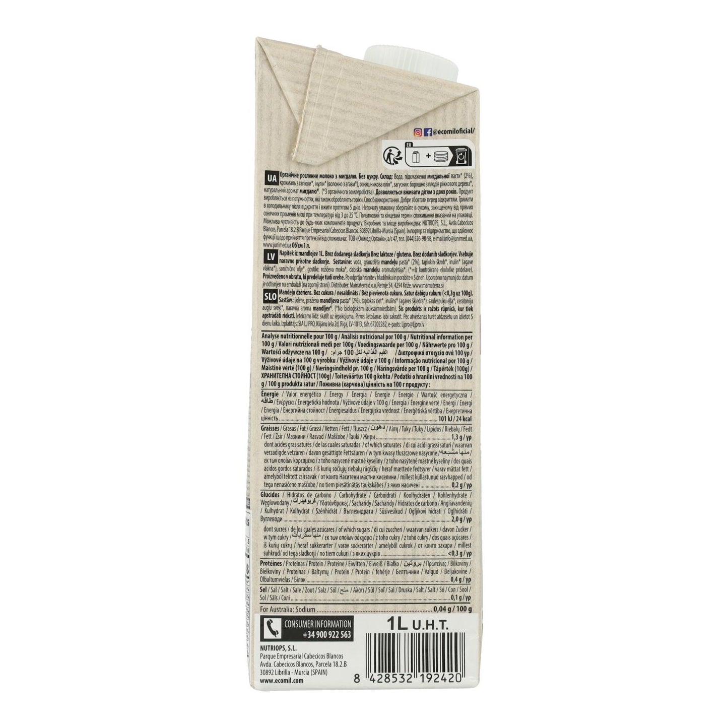 Bebida vegetal Almendra classic Nature bio sin azúcar Ecomil 1L