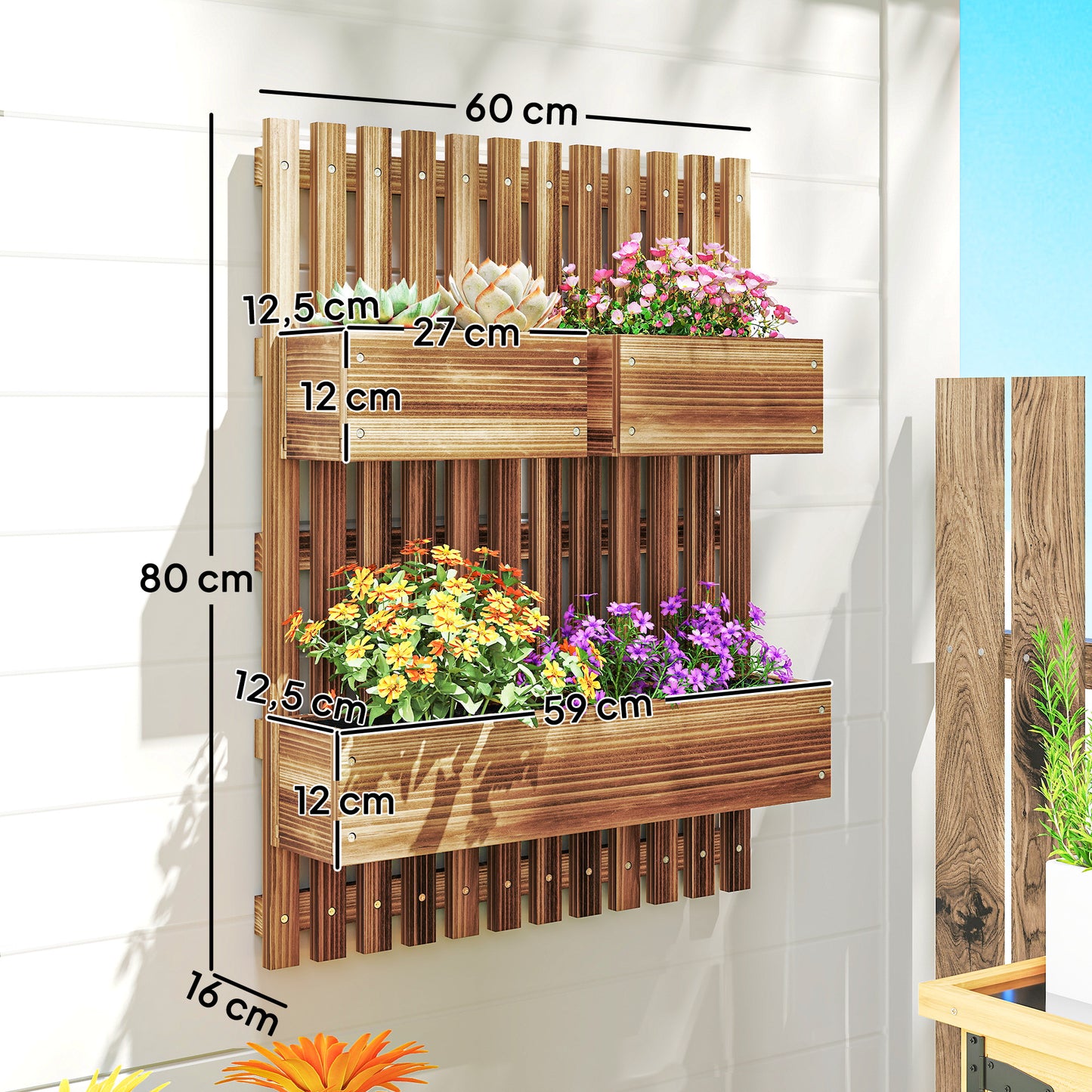 Outsunny Jardinera De Pared Con Enrejado De Madera 3 Macetas Móviles 60x16x80 Cm_2