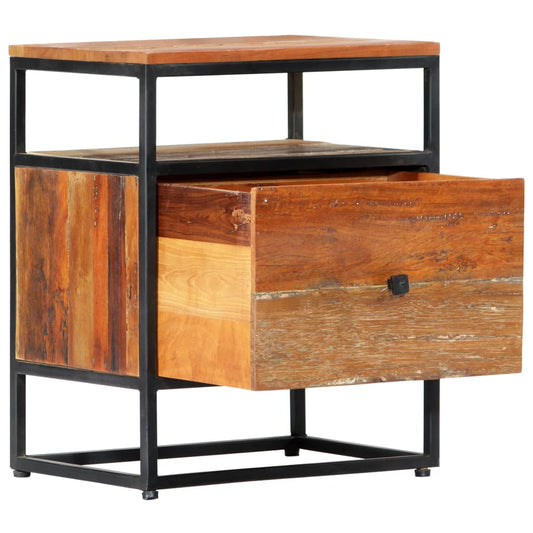 Mesita De Noche De Madera Maciza Reciclada Y Acero 40x30x50 Cm_0