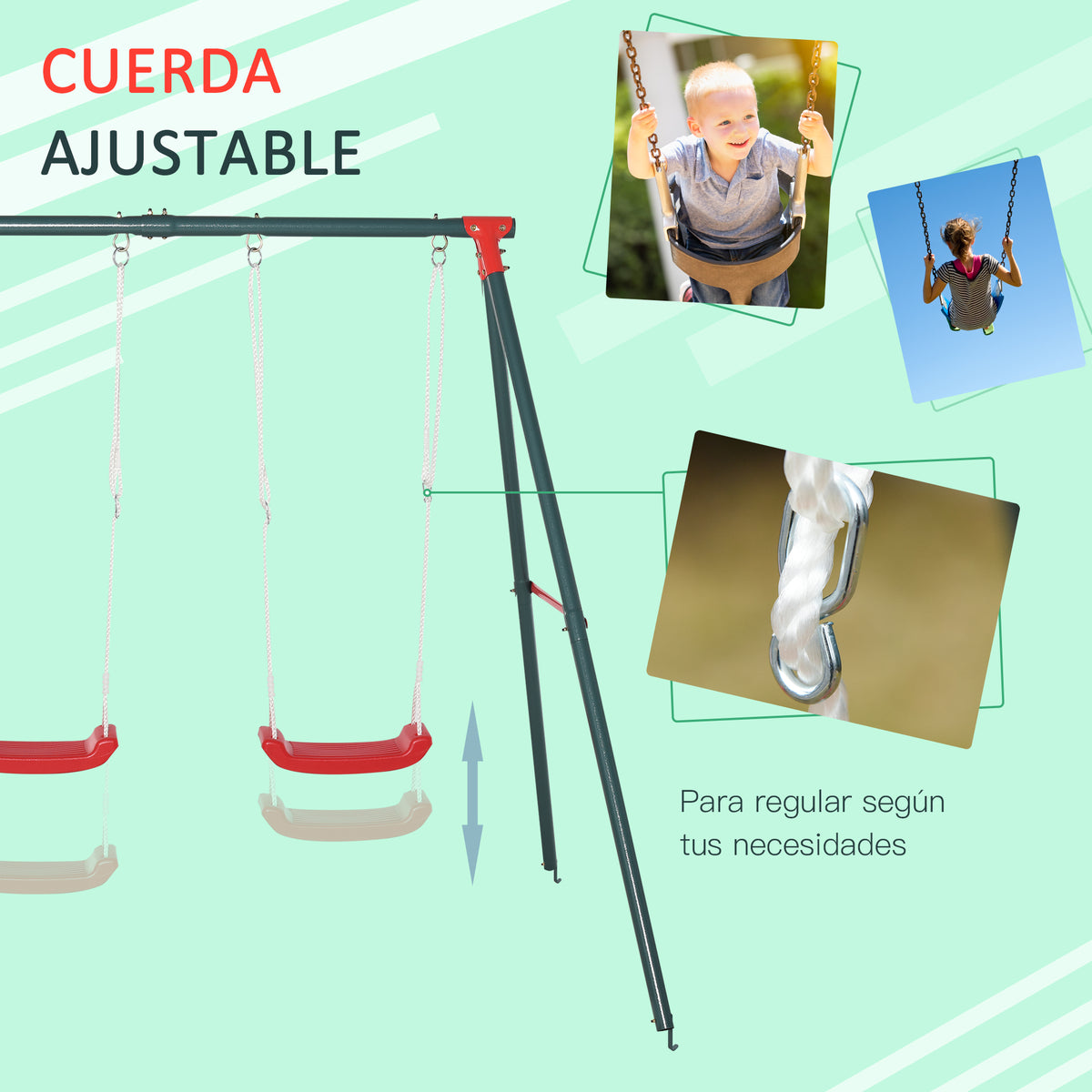 Outsunny Columpio Infantil Con 2 Asientos Cuerda Ajustable 4 Anclajes Máx. 40kg_5
