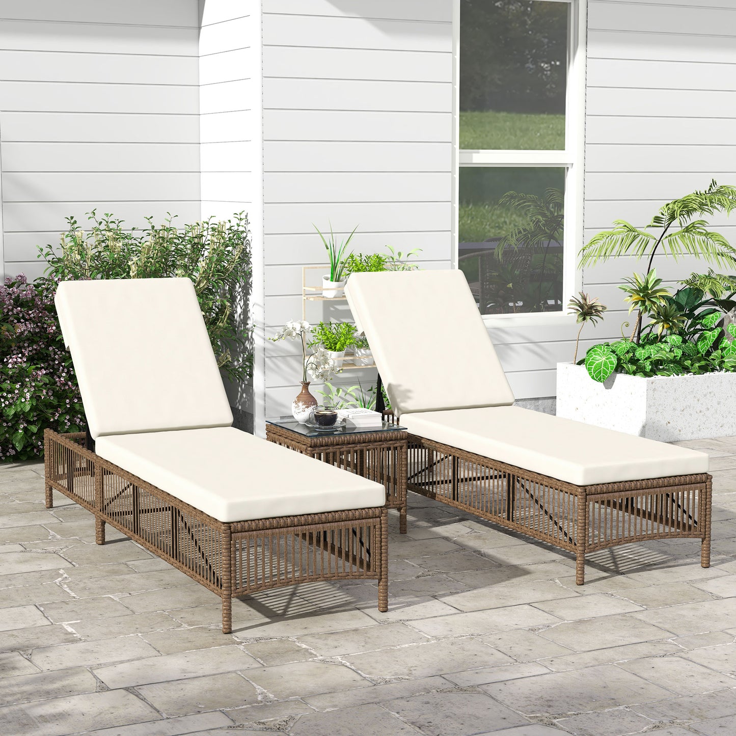 Outsunny Conjunto De 2 Tumbonas De Ratán Con Mesa De Centro Beige_3