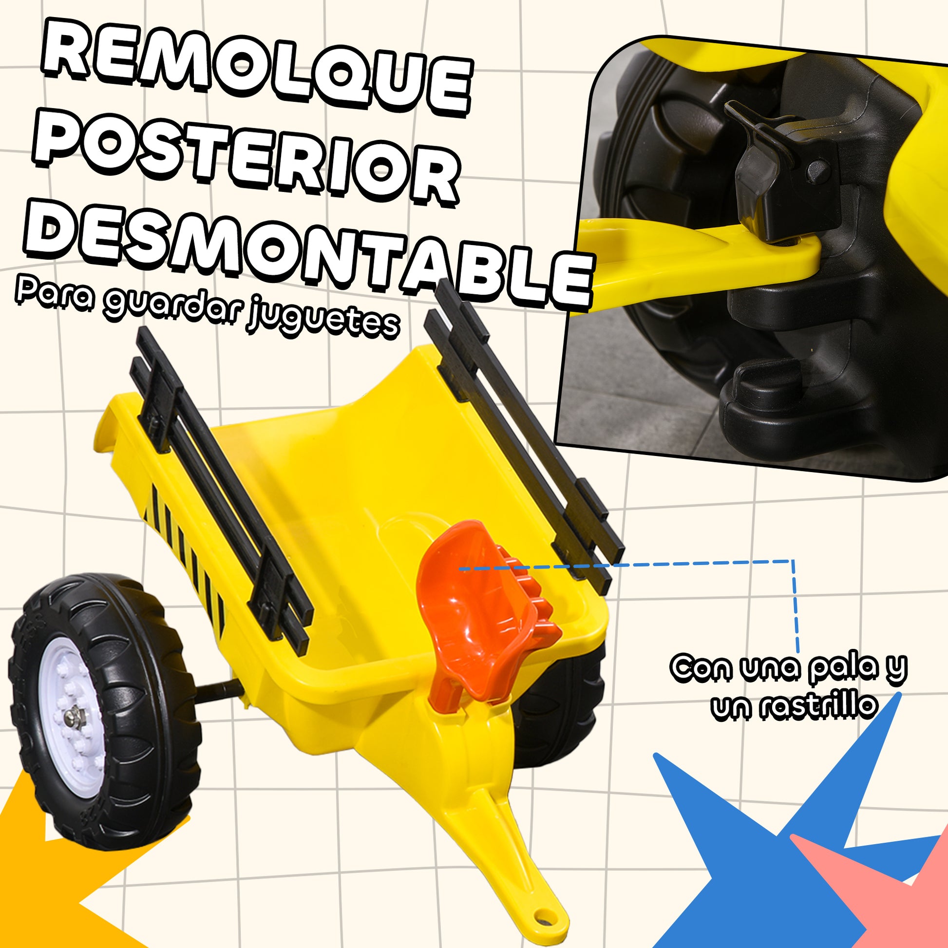 Homcom Tractor A Pedales Para Niños De 3 Años Con Remolque 133x42x51 Cm Amarillo_4