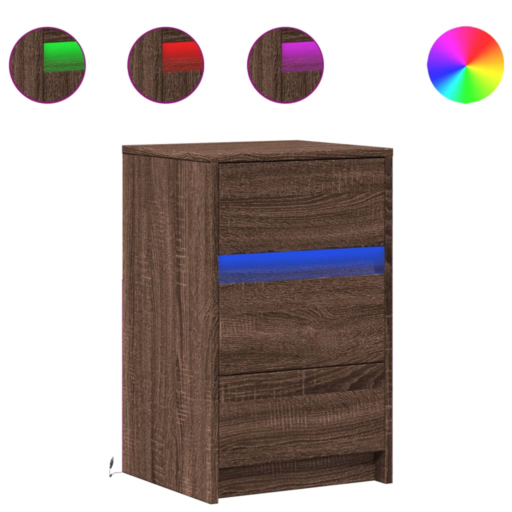 Mesita De Noche Con Luces Led Madera De Ingeniería Roble Marrón_0