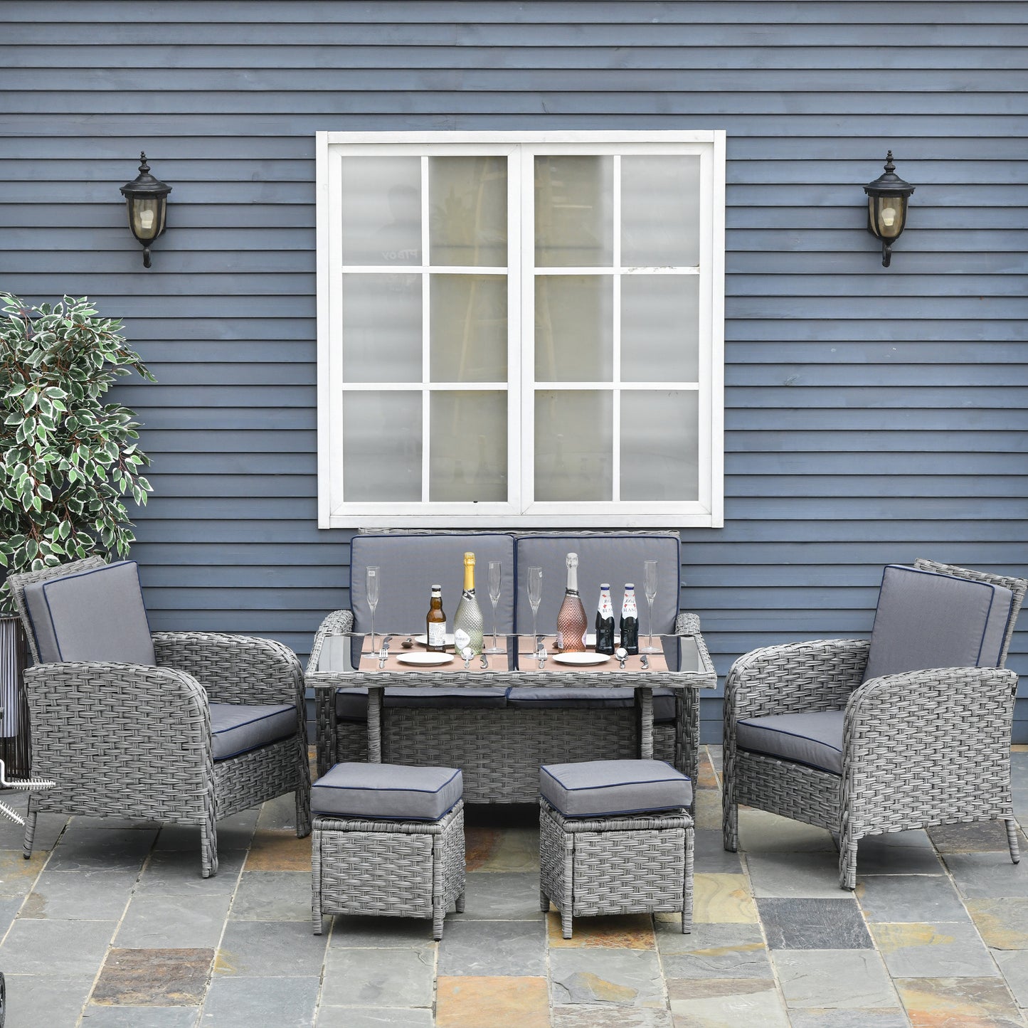 Outsunny Conjunto De Muebles Ratán 6 Piezas Mesa Sofás Taburetes Cojines_1