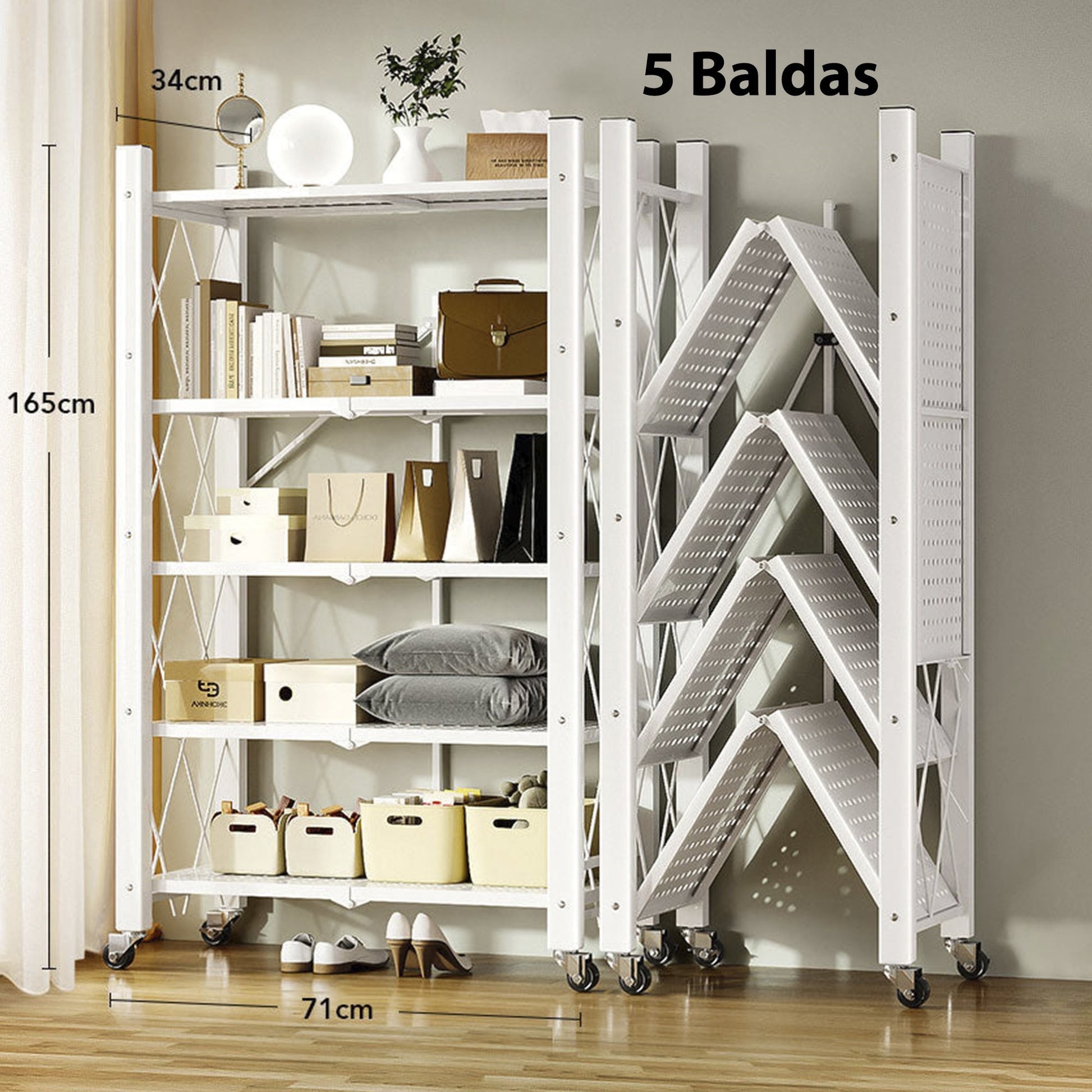 Joybos - Estantería De Almacenamiento Plegable De 5 Estantes Con Ruedas, Sin Montaje 71x34x165cm Blanco_3