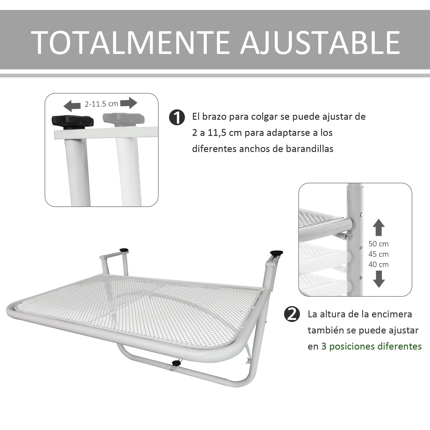 Outsunny Mesa Colgante Balcón Altura Ajustable En 3 Posiciones Carga 30kg_3