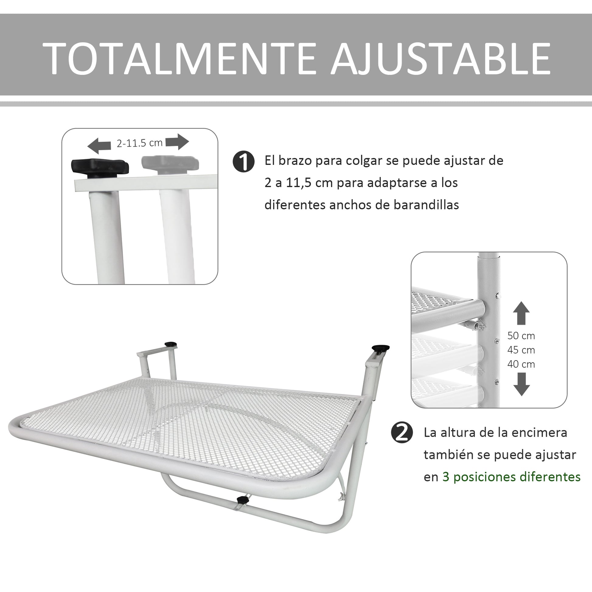 Outsunny Mesa Colgante Balcón Altura Ajustable En 3 Posiciones Carga 30kg_3