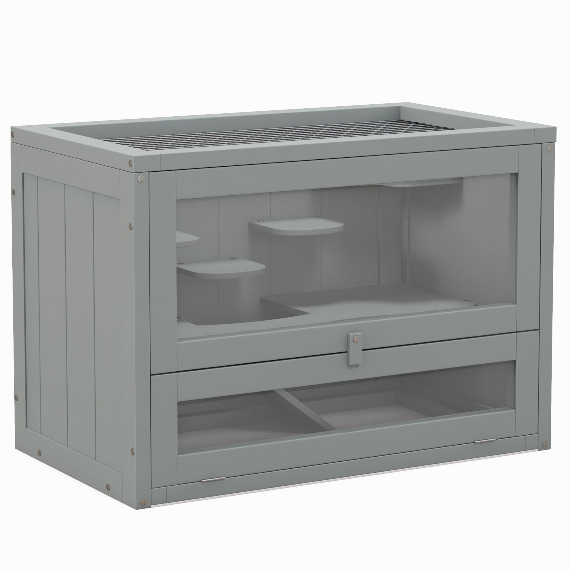 Pawhut Jaula Para Hámster De Madera Con Plataformas Escaleras 60x35x42 Cm Gris_0