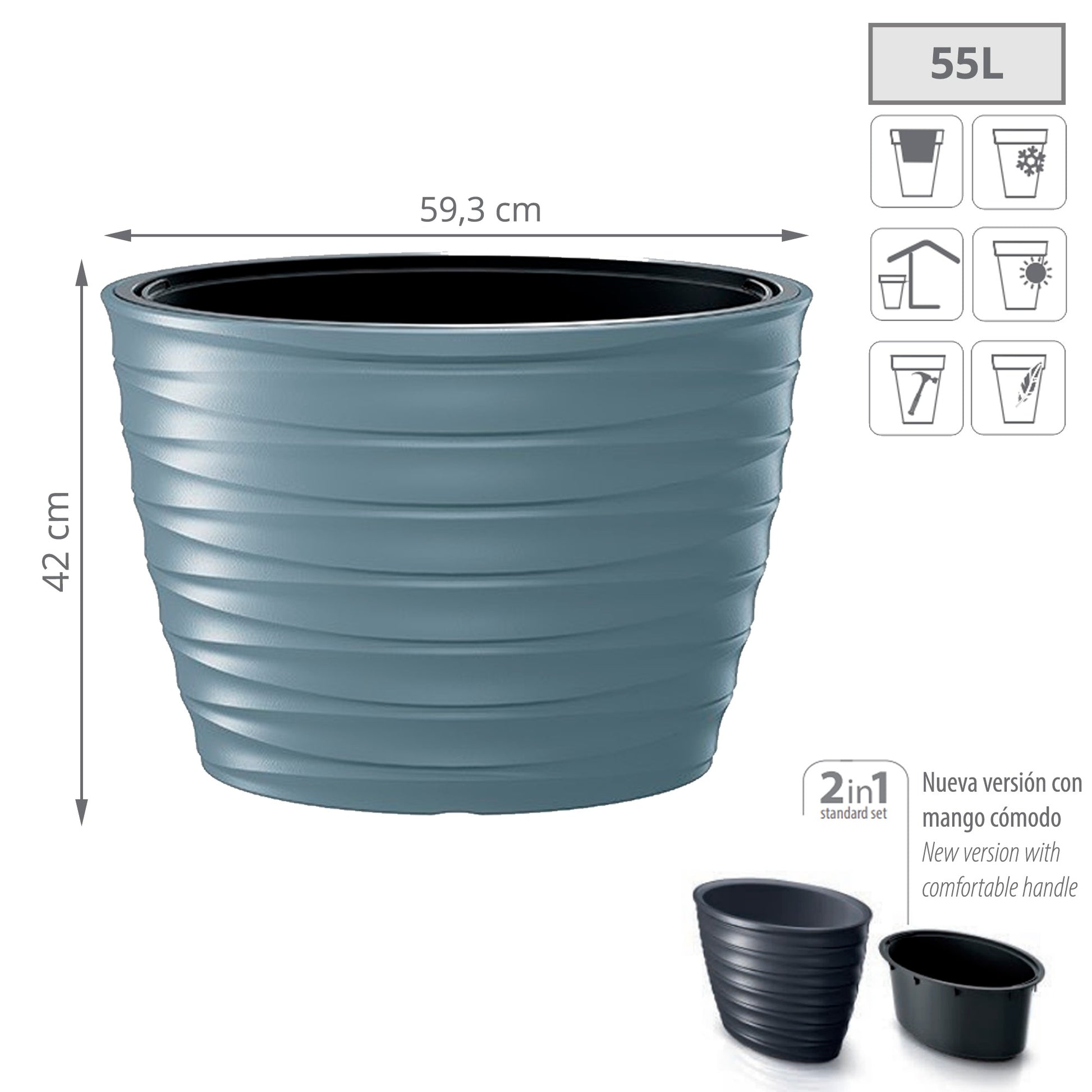 Maceta Freze - Oval 55l., Con Depósito, Dimensiones (mm) 593x393x420, Color Gris Claro_1