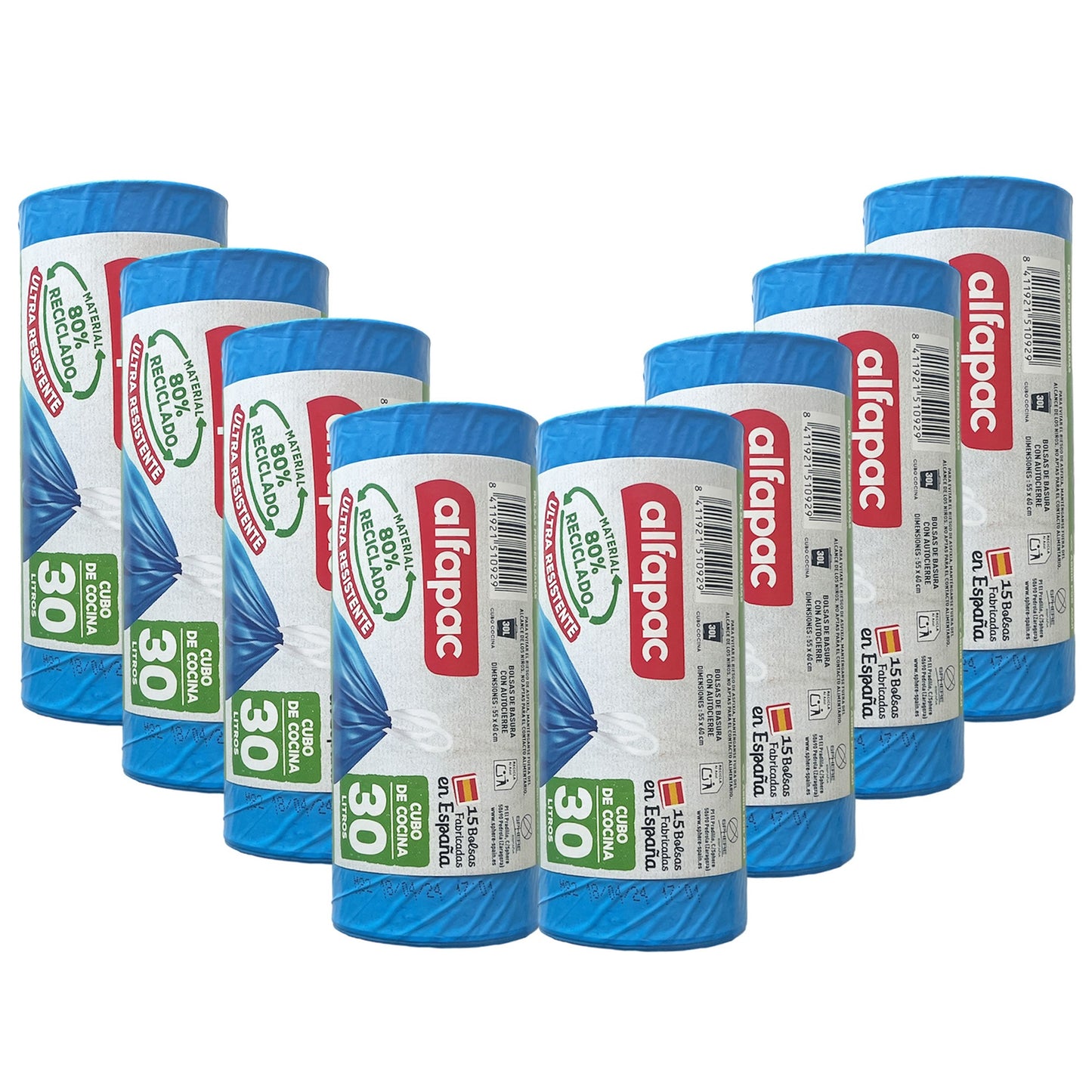 80% Reciclado 8 Rollos De 15 Bolsas De Basura 30l Con Autocierre_0