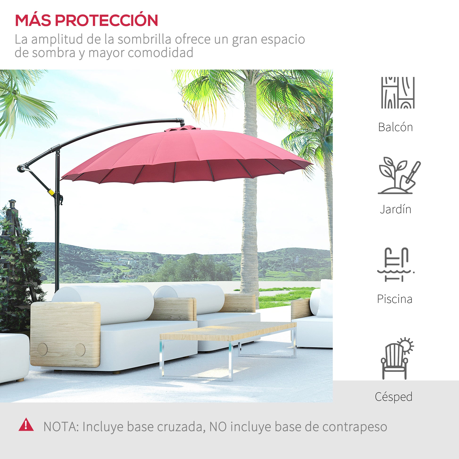 Outsunny Sombrilla Jardín Ø300 Cm Con Manivela Manual Base Cruzada Rojo_5