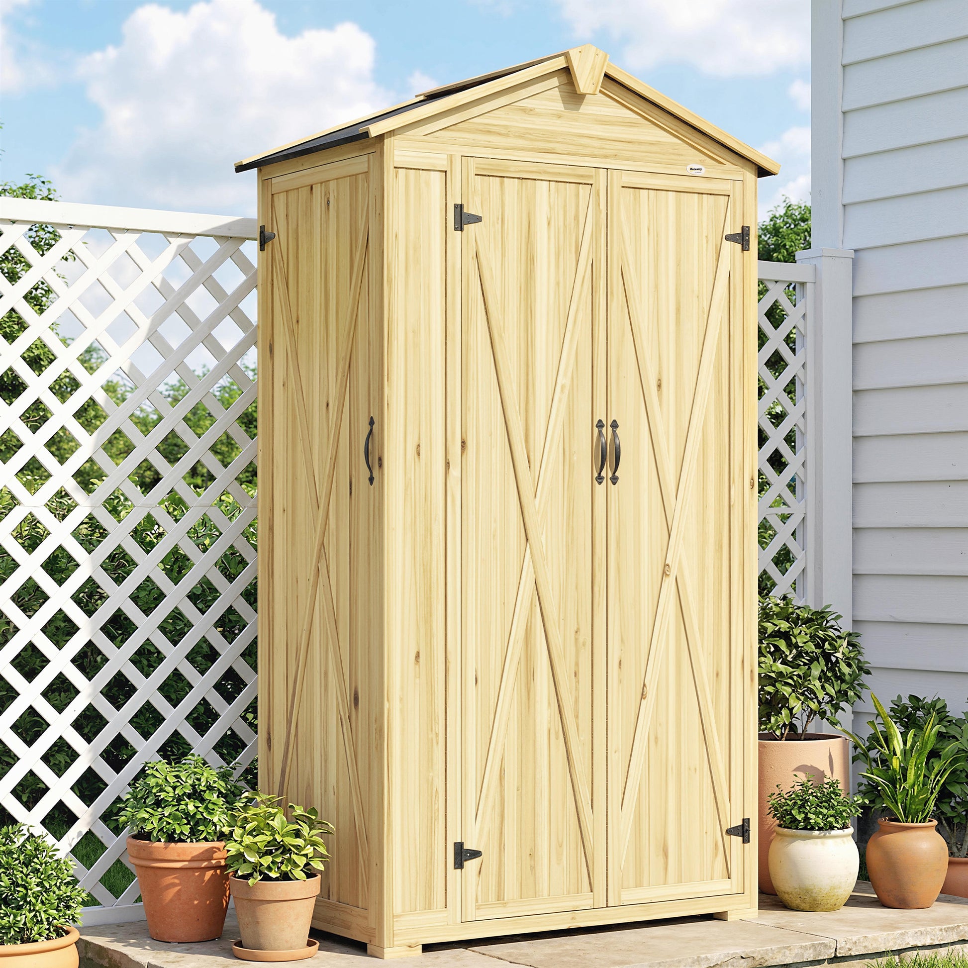 Outsunny Caseta De Jardín De Madera 93x53x168 Cm Con 4 Estantes Y 3 Puertas_3