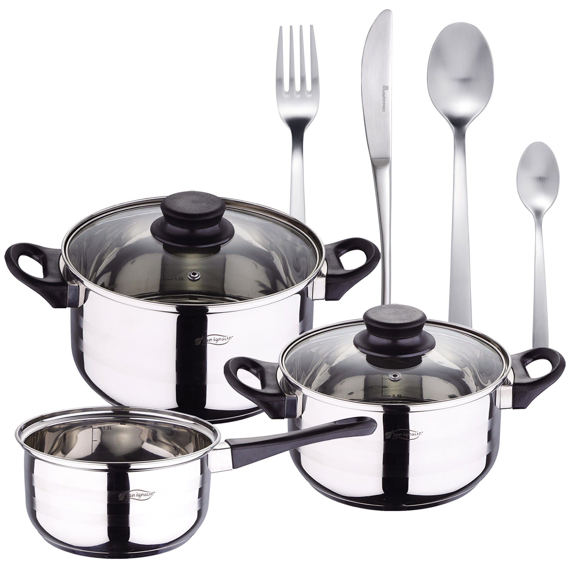 Pack Batería De Cocina 5 Piezas + Set De Cubertería 16pc En Acero Inoxidable_0