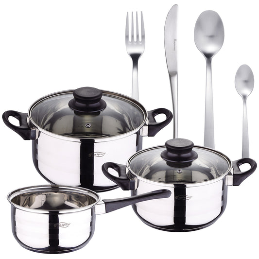 Pack Batería De Cocina 5 Piezas + Set De Cubertería 16pc En Acero Inoxidable_0