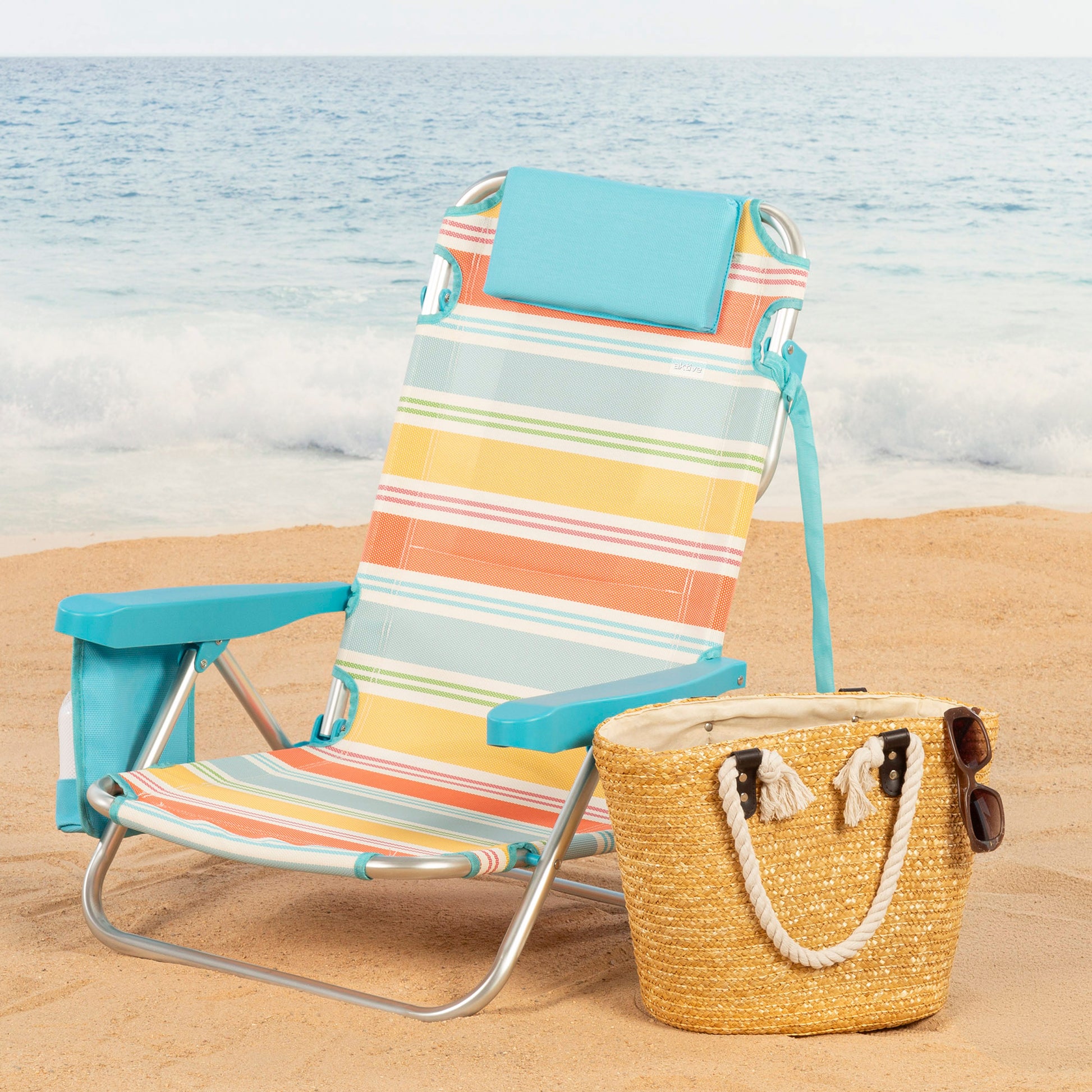 Aktive Silla Plegable Playa Rayas Multicolor, Aluminio, 5 Posiciones Y Bolsillo Lateral_1
