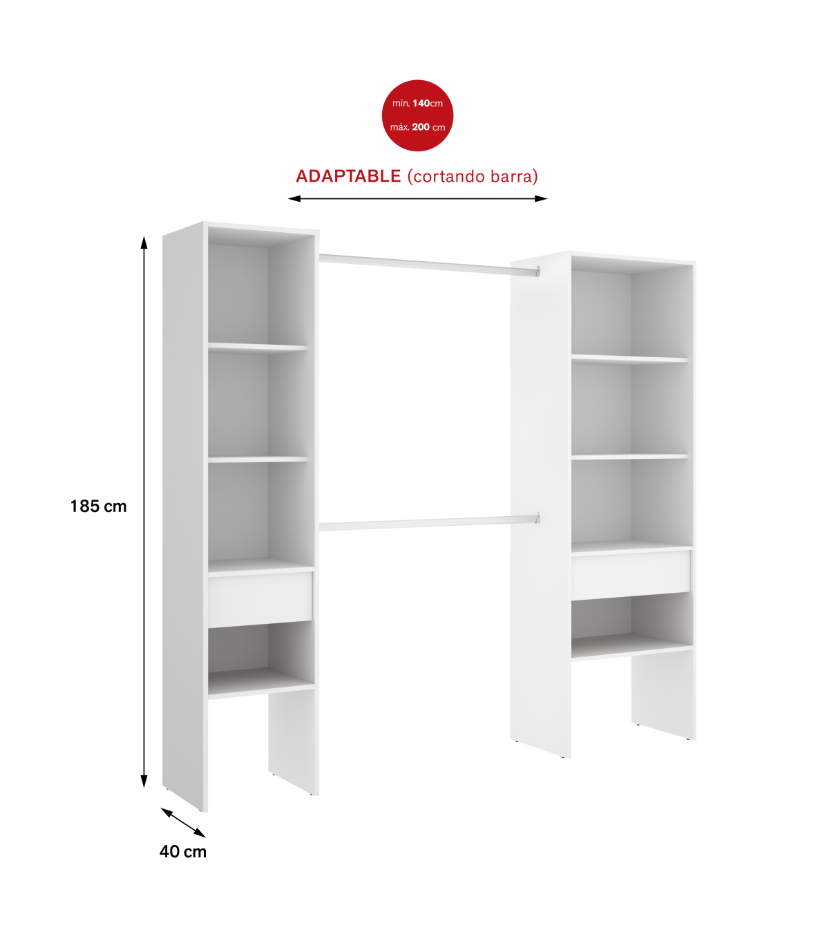 Vestidor Siles Para Dormitorio Con Baldas Y Dos Cajones Acabado Blanco 185 Cm(alto)200 Cm(_4