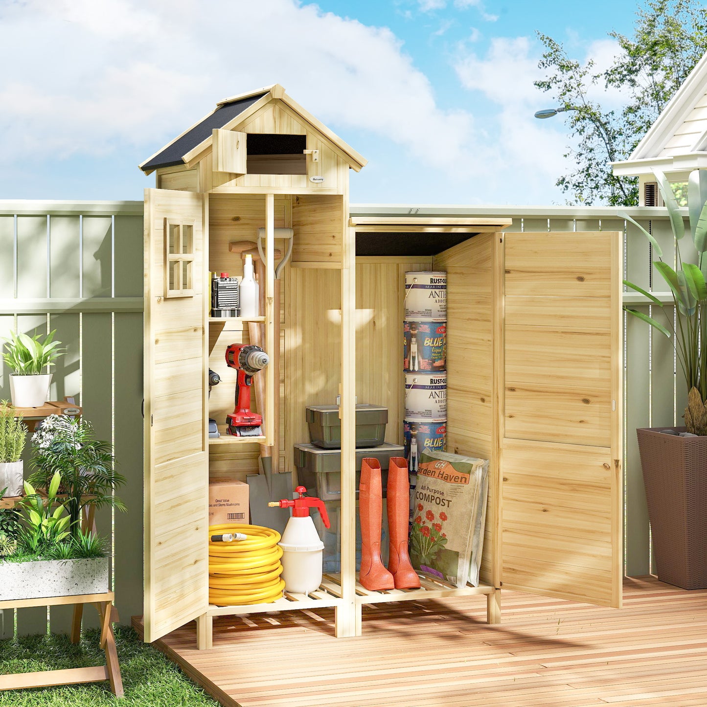Outsunny Caseta De Jardín De Madera 106x57x167 Cm Con Doble Zona Y 2 Estantes_1