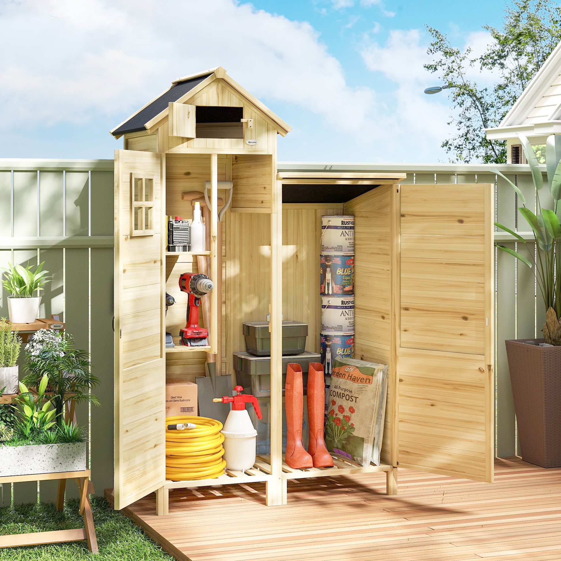 Outsunny Caseta De Jardín De Madera 106x57x167 Cm Con Doble Zona Y 2 Estantes_1
