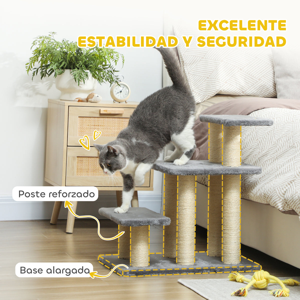Pawhut Escalera Para Gatos De 3 Peldaños 52x34,5x54 Cm Gris_3