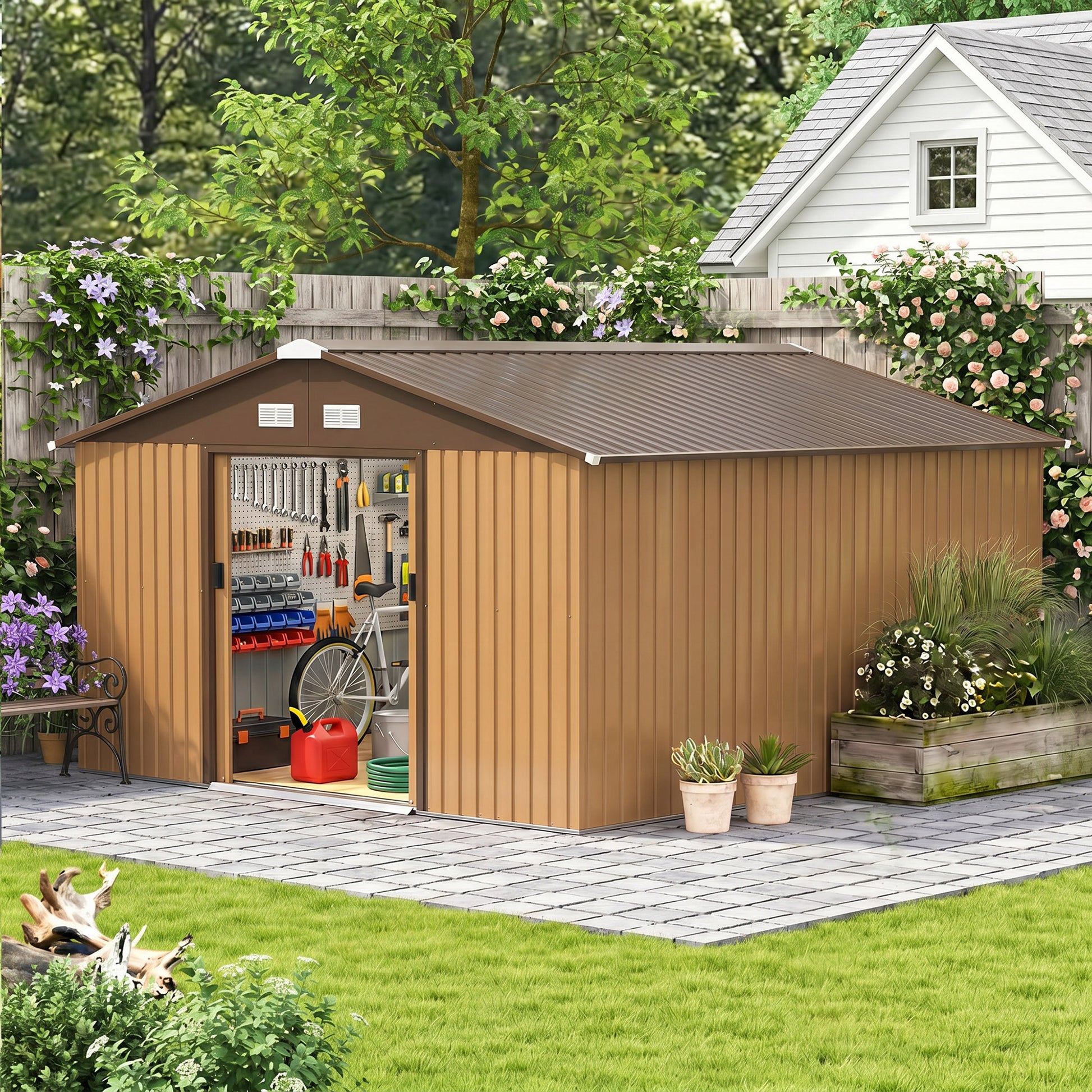 Outsunny Cobertizo Jardín 13,1 M² Para Almacenamiento De Herramientas Ocre_3