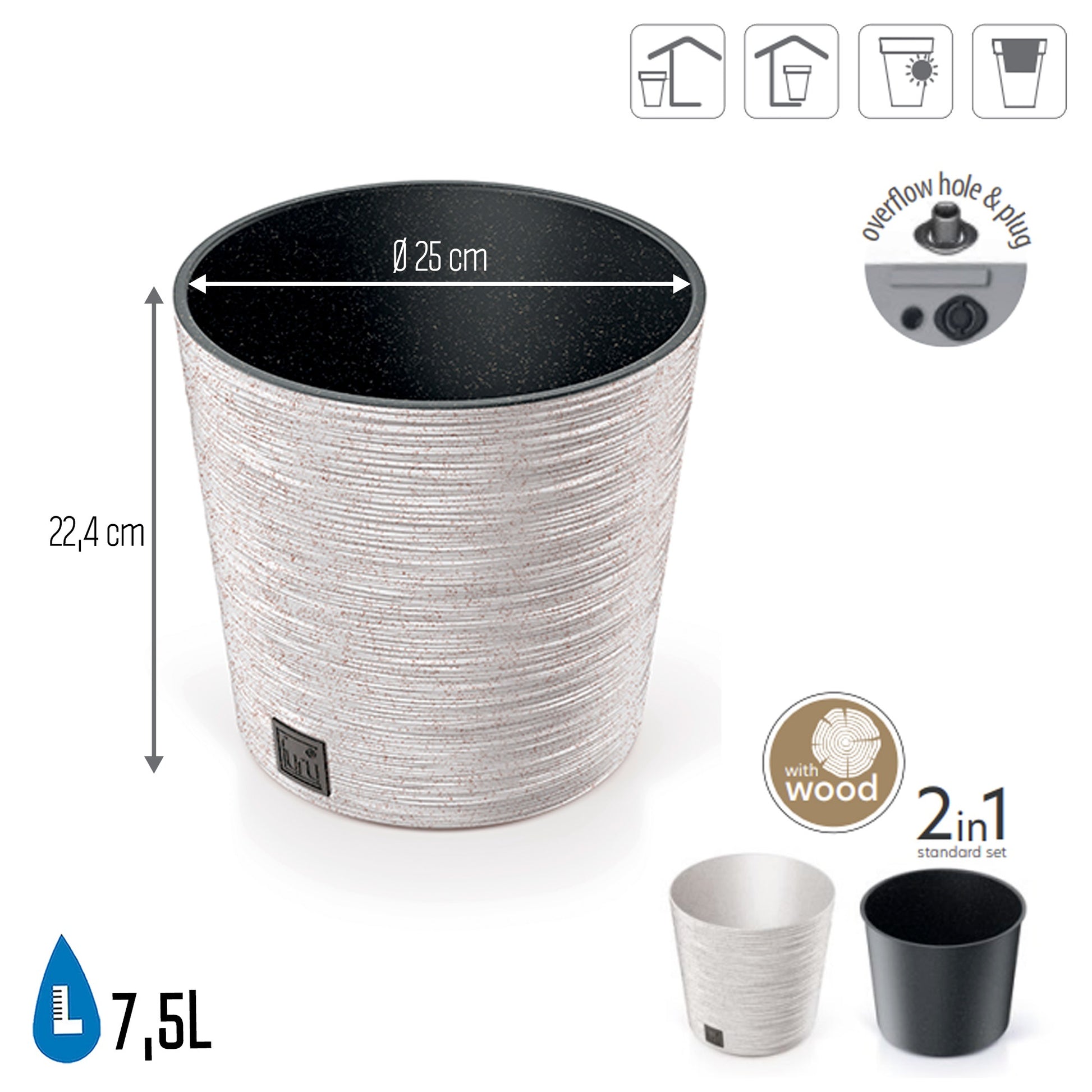 Macetero Color Blanco Roto, Con Depósito, Colección Furu, De 25 X 25 X 22,4 Cm, Capacidad De 7,5 L._1