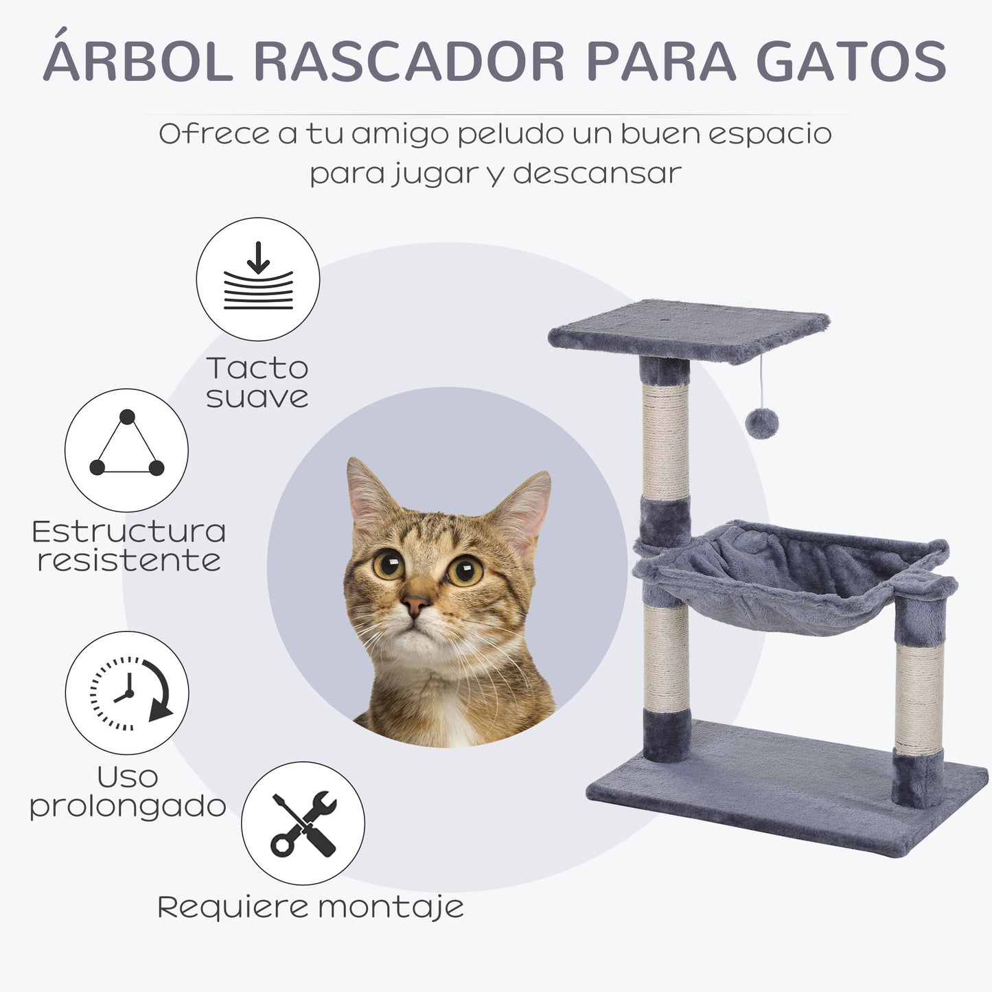 Pawhut Árbol Rascador Para Gatos 50x36x70 Cm Con Hamaca Plataforma Bola Gris_3