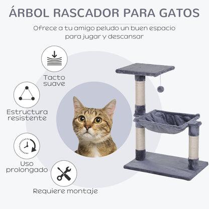 Pawhut Árbol Rascador Para Gatos 50x36x70 Cm Con Hamaca Plataforma Bola Gris_3