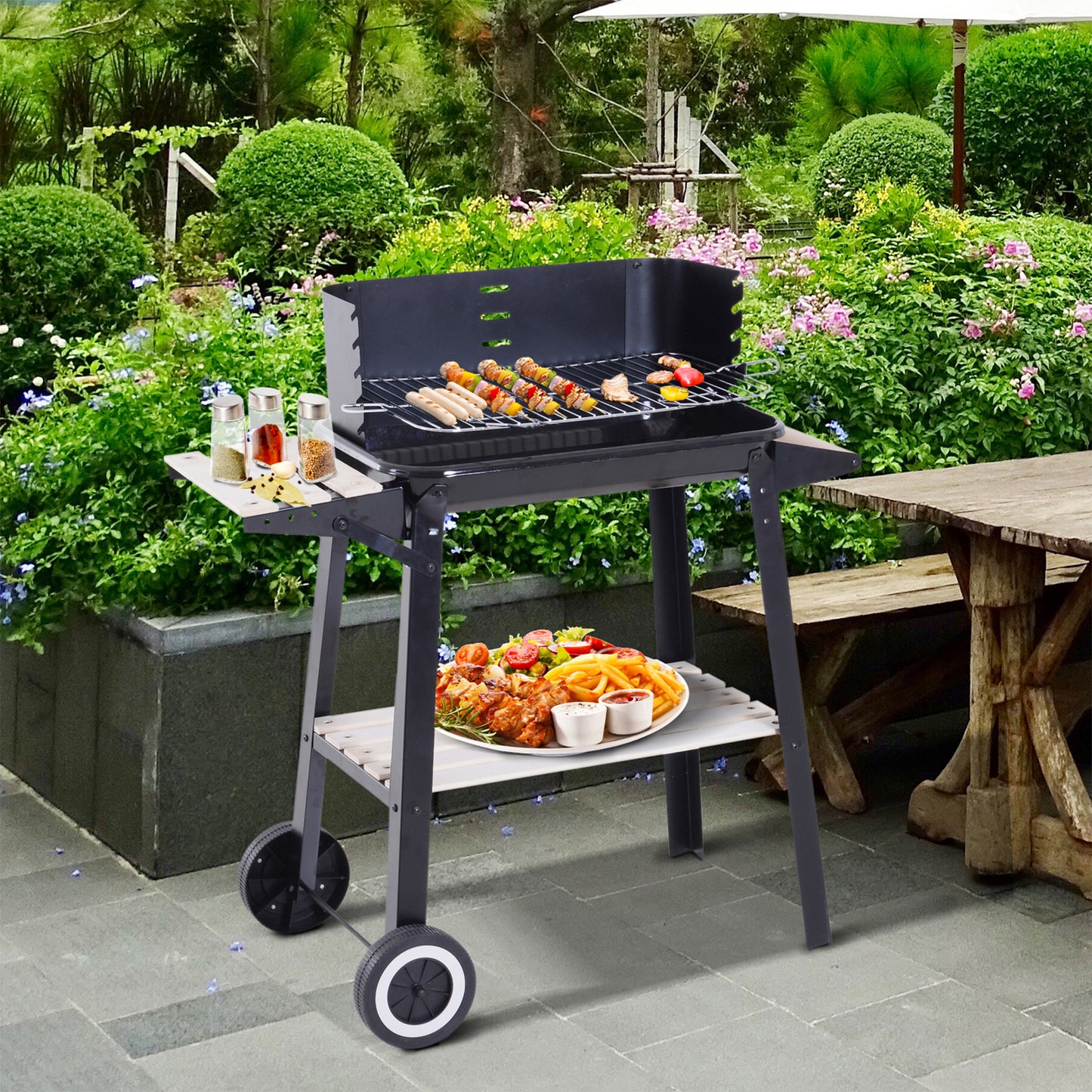 Outsunny Barbacoa Carbón Altura Parrillas Ajustable Estantes Ruedas 83x46x87 Cm_1