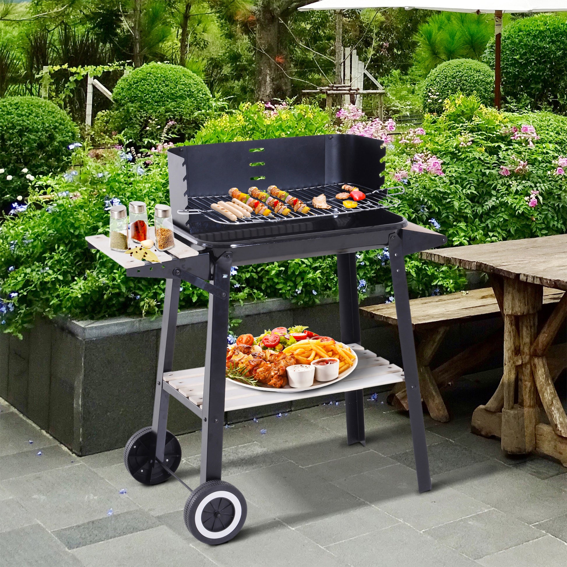 Outsunny Barbacoa Carbón Altura Parrillas Ajustable Estantes Ruedas 83x46x87 Cm_1