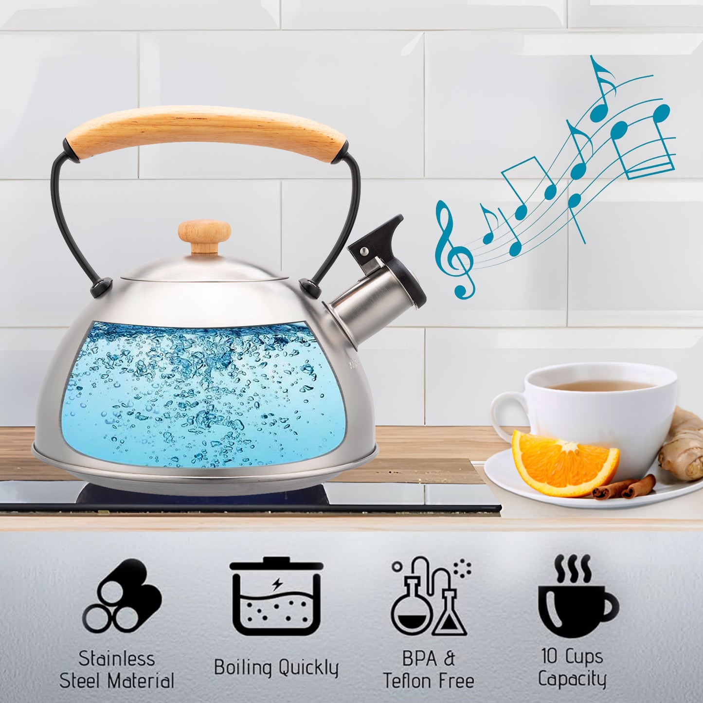 Tetera Con Silbato, Hervidor De Agua 2,5l, Inducción, Acero Inox, Vintage, Mango Madera, Briebe, Wooden, Acero Inoxidable