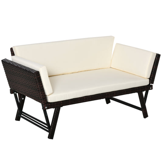 Outsunny Sofá De Ratán 2 Plazas Convertible Cama Con Cojines Acolchados Beige_0