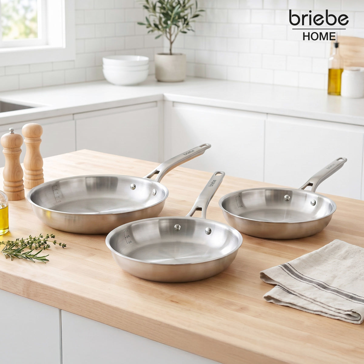 Briebe Pure Inox Juego De 3 Sartenes Acero Inoxidable Inducción 20-24-28 Cm, 3 Capas Tri-ply, Sin Antiadherente_1