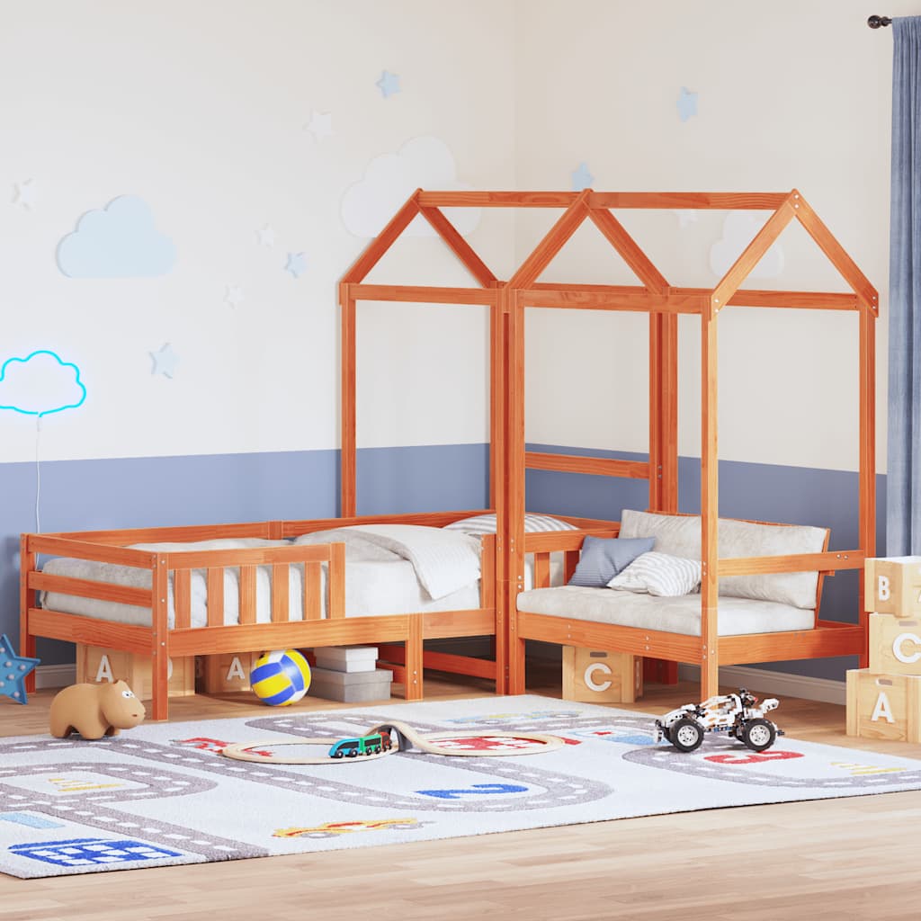 Set De Cama Y Banco Con Techo Madera Pino Marrón Cera 75x190 Cm_1