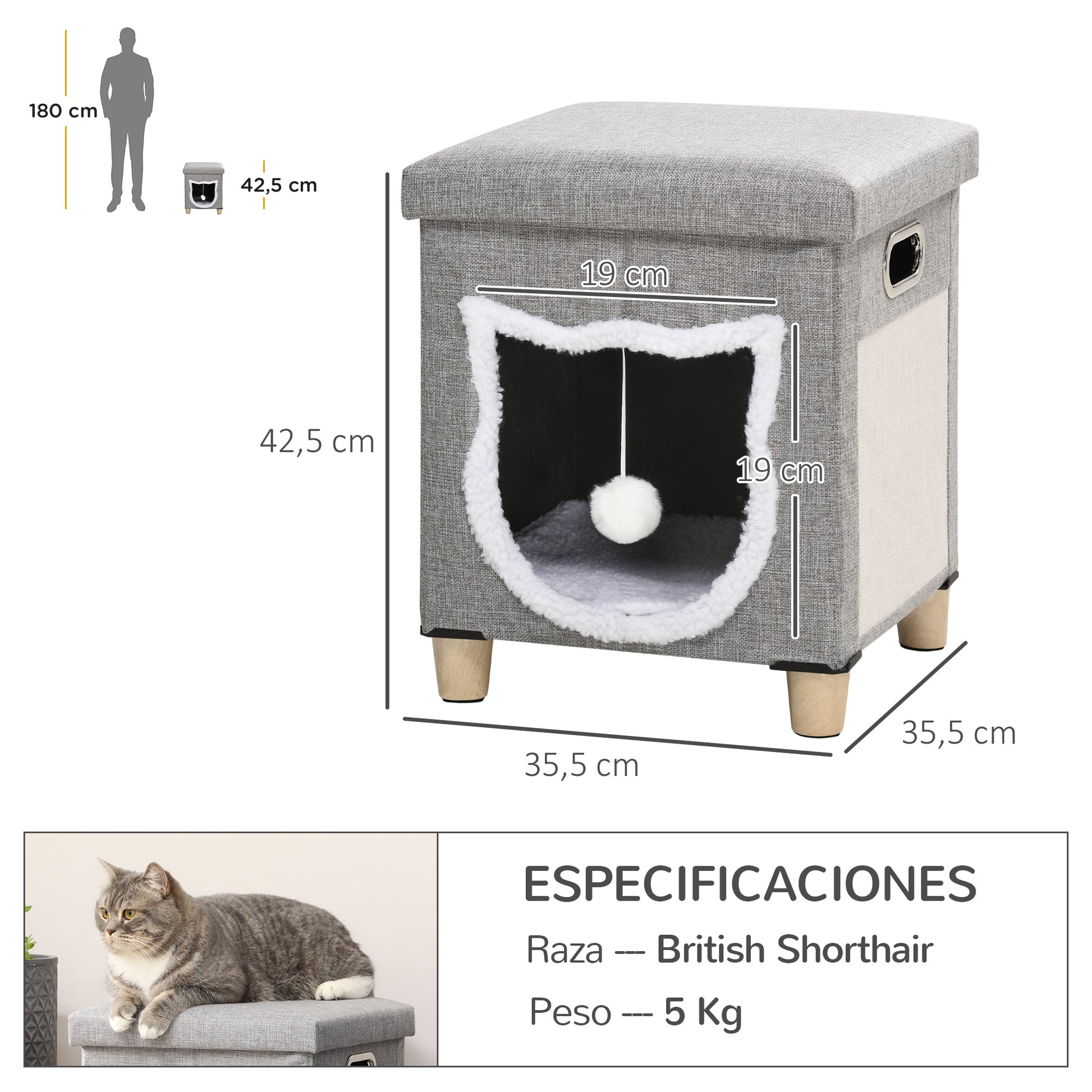 Pawhut Cama Cueva De Gatos 2 En 1 Tipo Reposapiés 35,5x35,5x42,5 Cm Gris_2