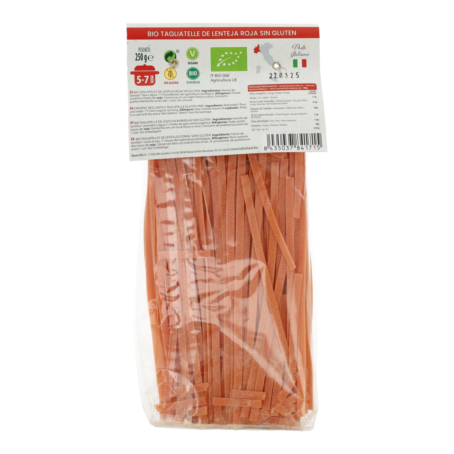 Tagliatelle de lenteja roja sin gluten bio Sol Natural 250 g