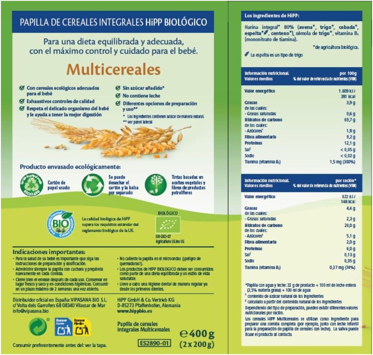 Papilla multicereales bio +6 meses HiPP 400 g