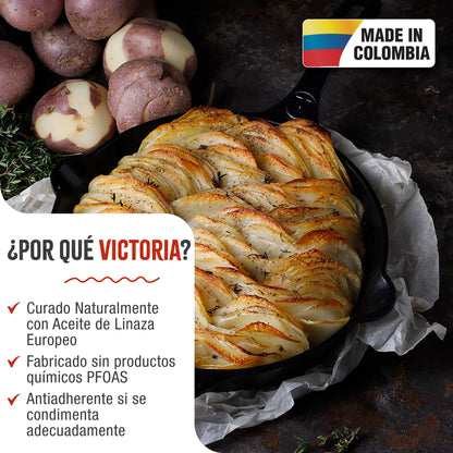 Victoria Sartén Hierro Fundido Curado Inducción 25cm, Apta Fuego, Barbacoa, Horno Cast Iron Skillet, 32432, Negro_1