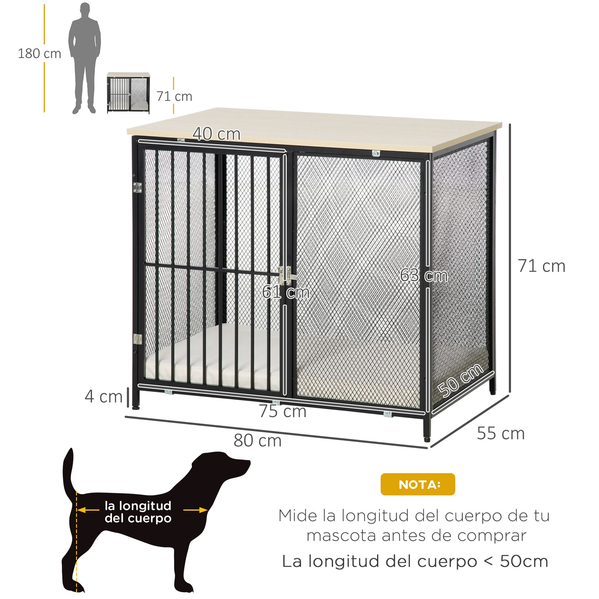 Pawhut Jaula Para Perros De Madera Mesa Auxiliar Puerta De Cerradura 80x55x71 Cm_2