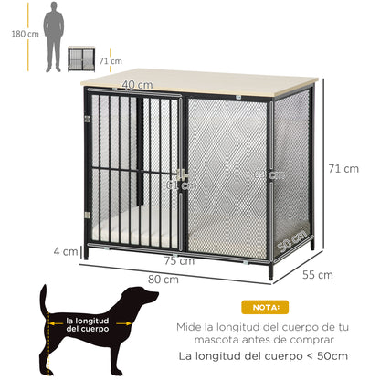 Pawhut Jaula Para Perros De Madera Mesa Auxiliar Puerta De Cerradura 80x55x71 Cm_2